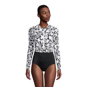Lands’ End Zip Front Long Sleeve Tugless Sporty One Piece Swimsuit